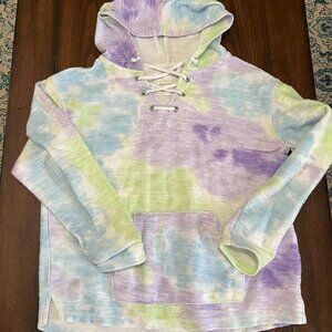 Southern Spirt Pastel Tie Dye Lace Front Pullover Hoodie Top Pocket Medium